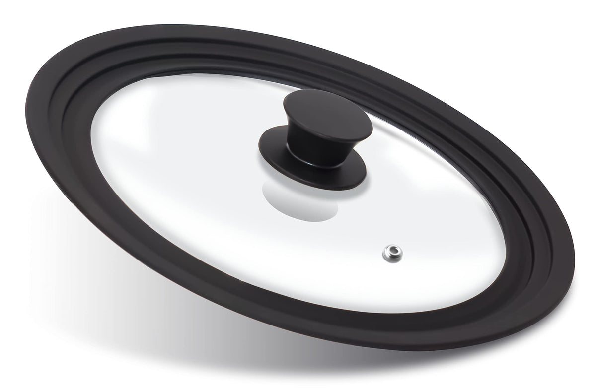 Anaeat universal lid on an 11-inch pot, clear glass view and heat-resistant silicone edge.