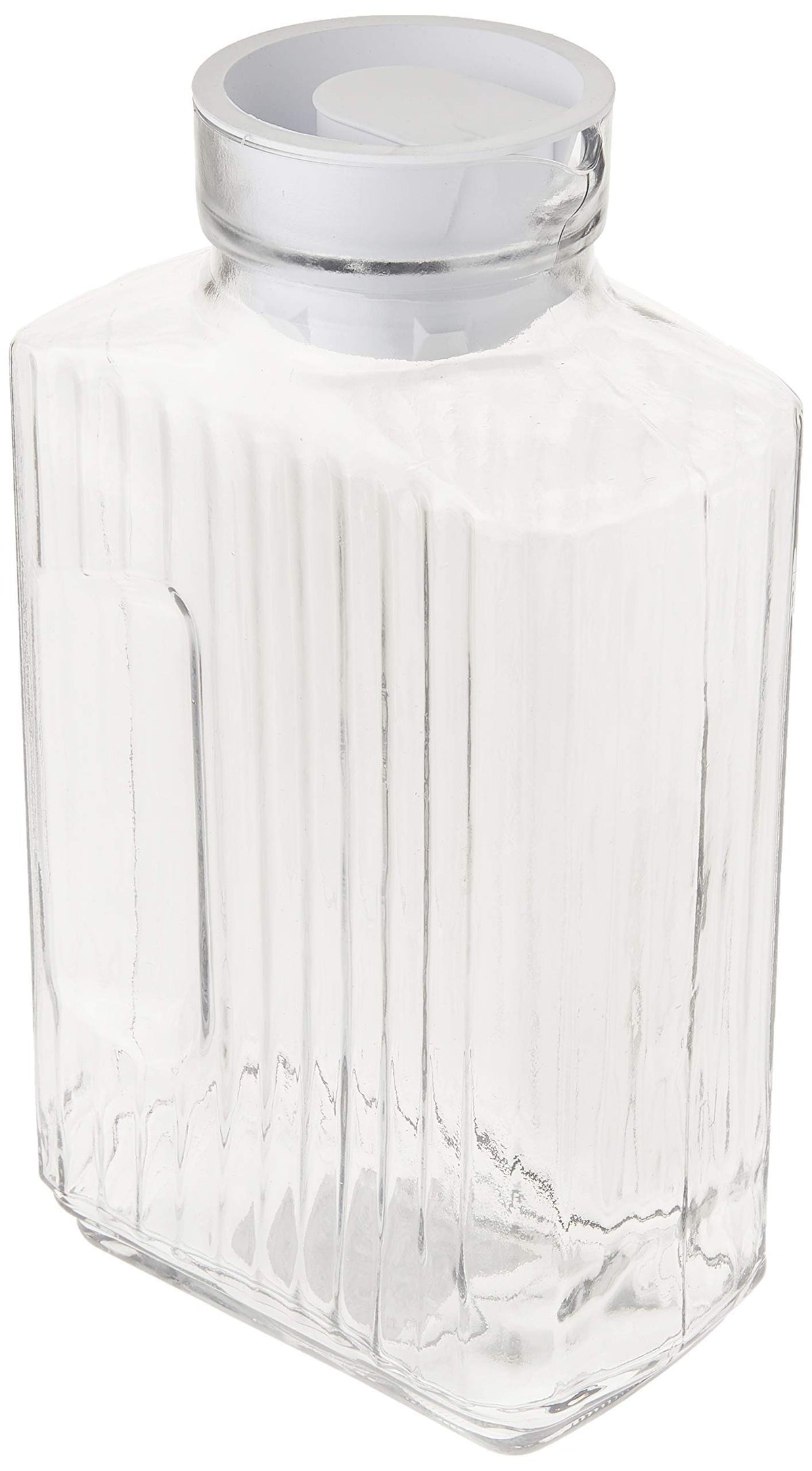 Anchor Hocking Bistro pitcher with white stopper offers spill-free serving and clear visibility.