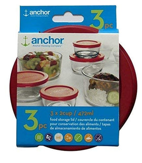 Three red replacement lids for Anchor Hocking 2-cup rounds, ideal for multi-use storage.