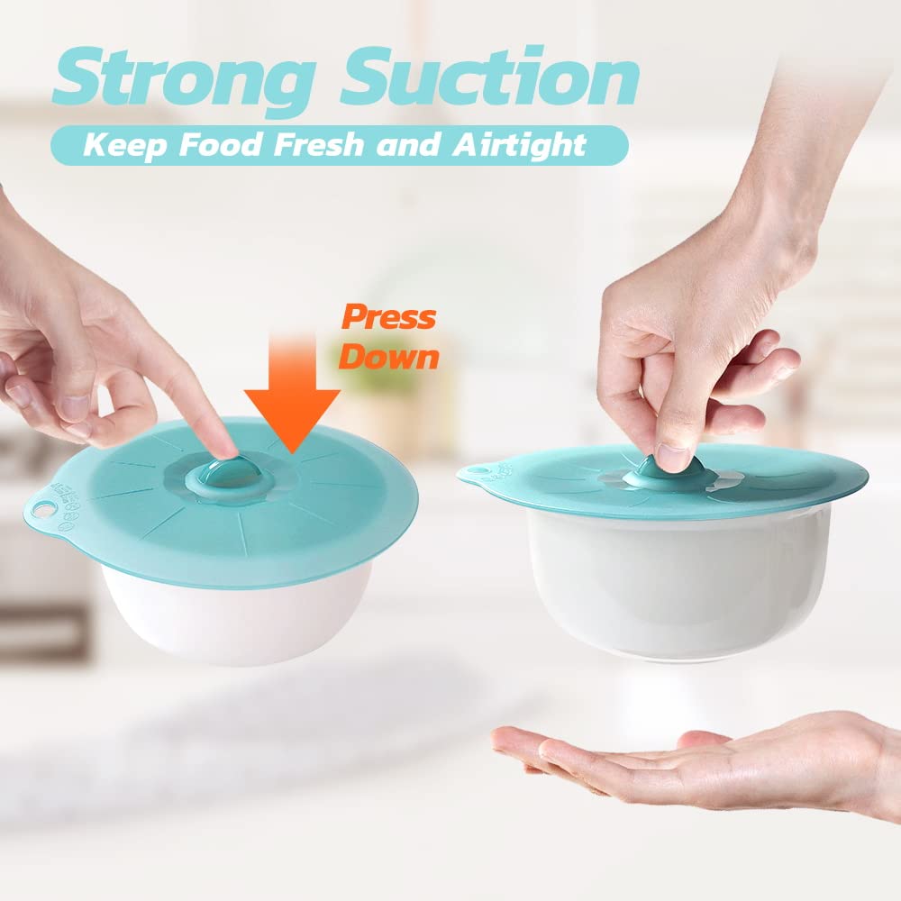Andyken 8-inch silicone lid fits bowls for leftovers and microwave use.