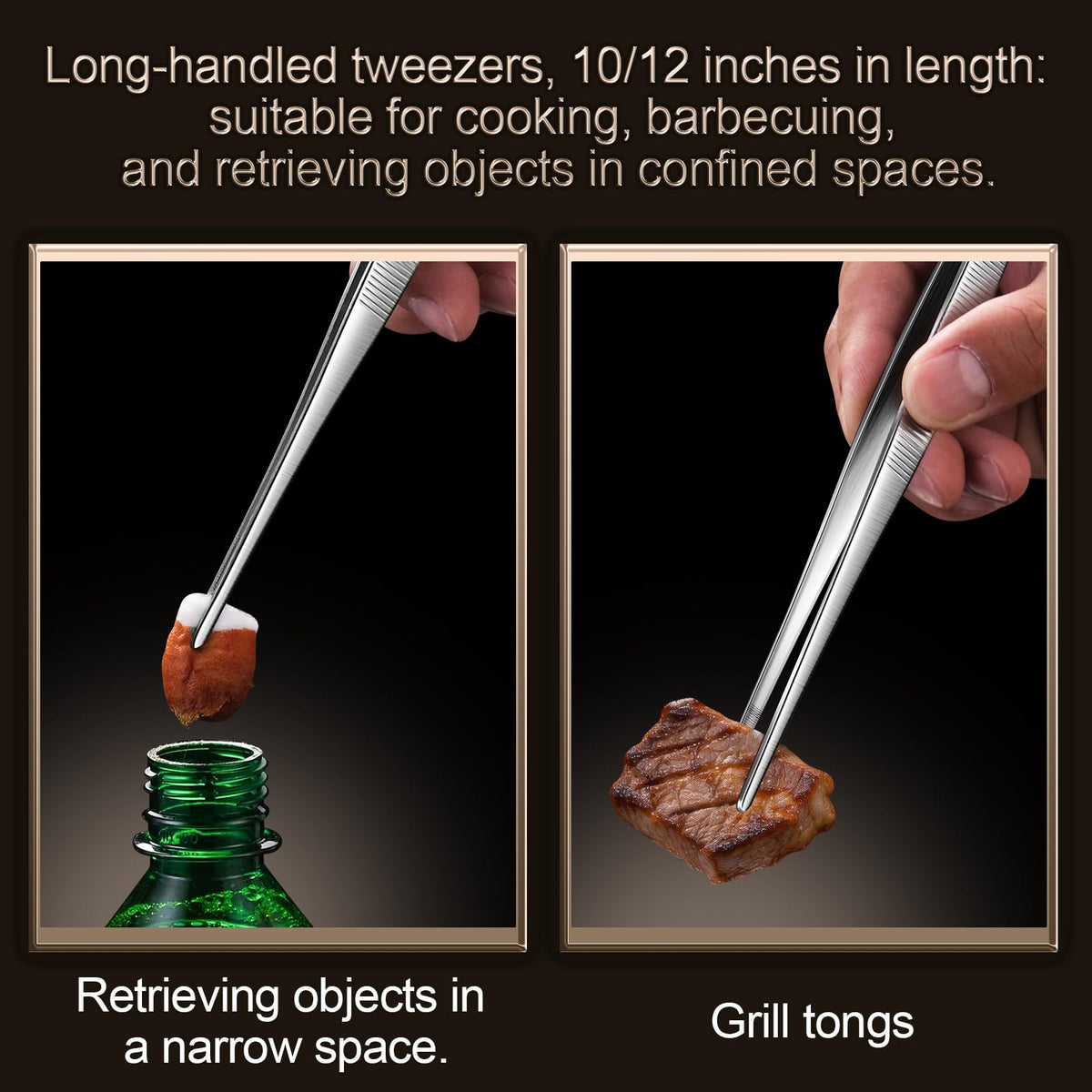 Aniso 10-inch tweezers ideal for flipping small items on the grill.