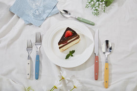 Annova silverware with colorful plastic handles, close-up showing vibrant rivets for festive meals.