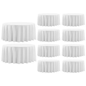 Aocoz round tablecloth 120-inch white 10-pack draped on a banquet table for a polished setup.