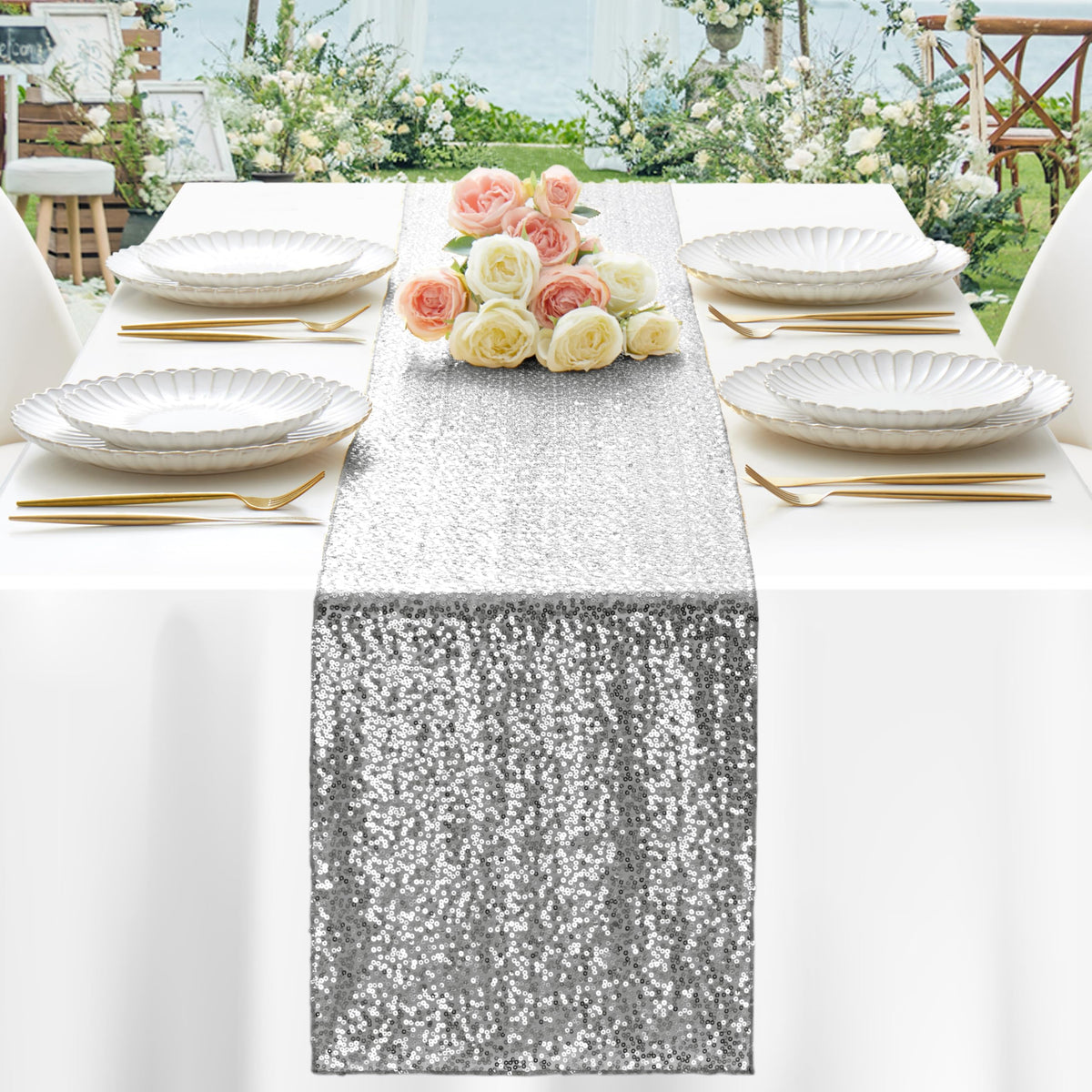 Aormenzy 12x72 table runner creates a luminous centerpiece on banquet tables.