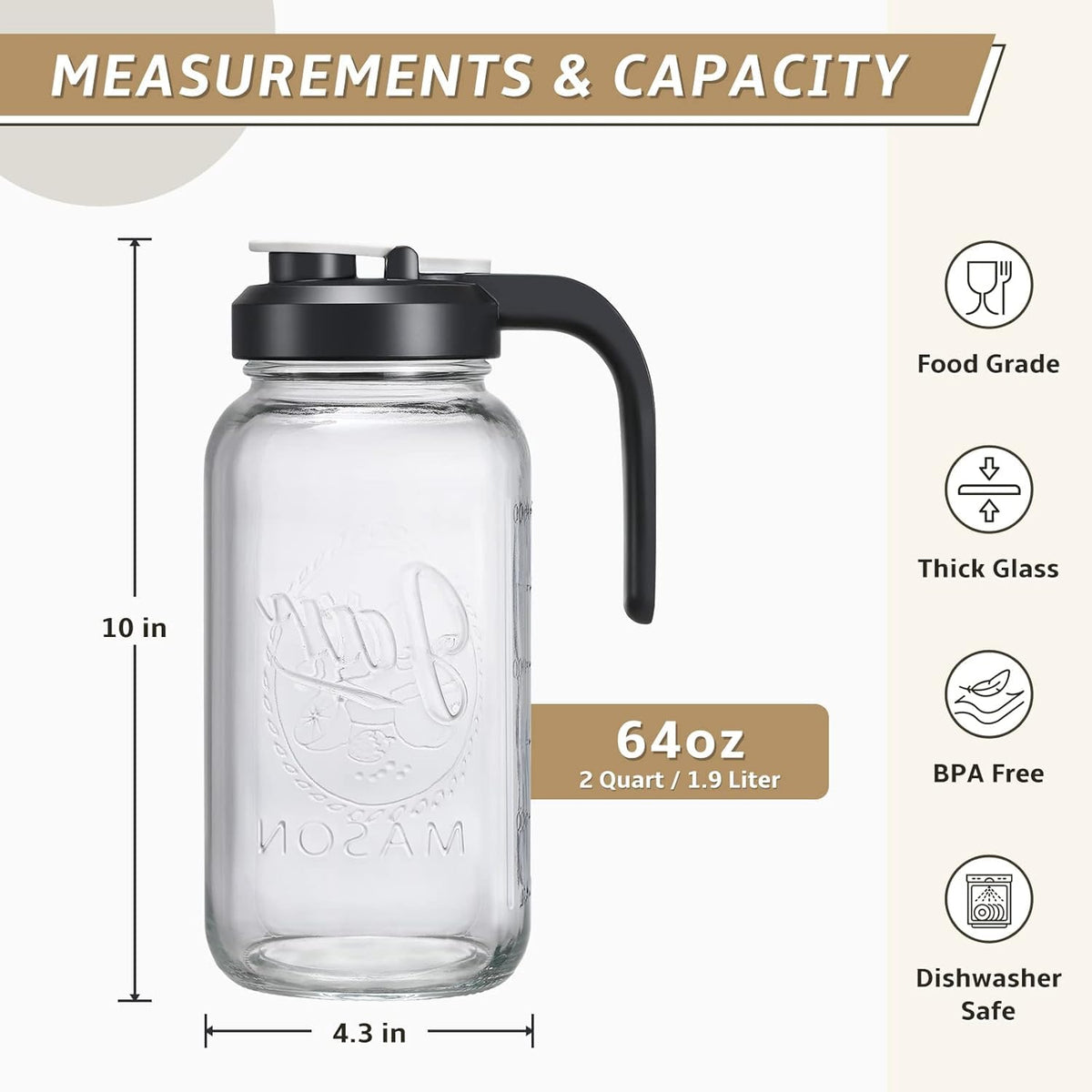 AOZITA mason jar pitcher with built-in filter lid for smooth pours.
