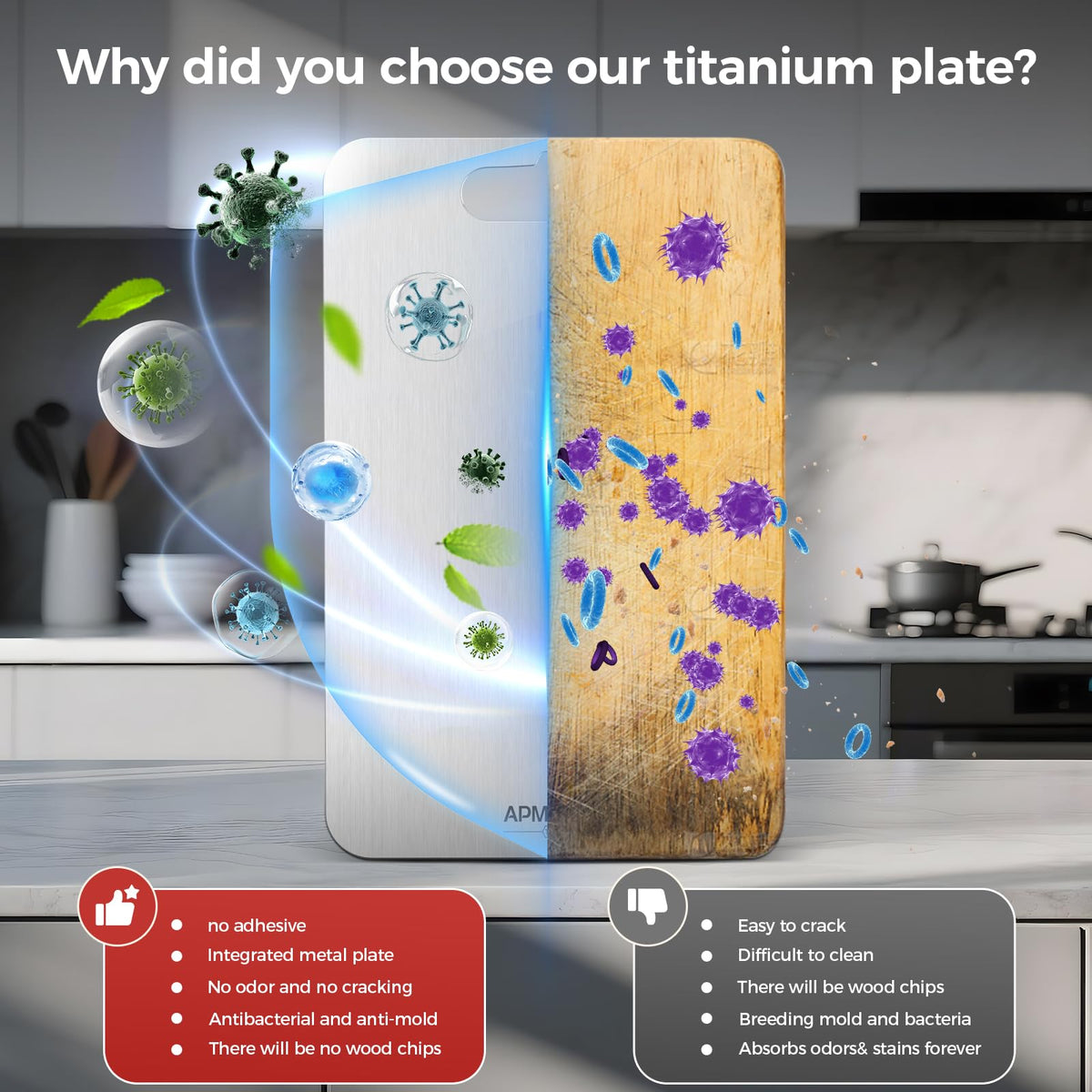 APMRQIB Titanium Cutting Board durable single-piece construction resists nicks and warping