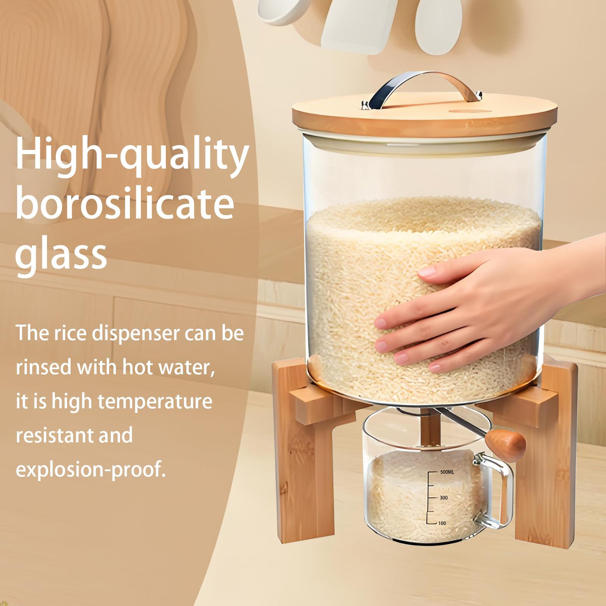 Aprilhp rice dispenser airtight wooden lid protects rice and cereals from moisture.