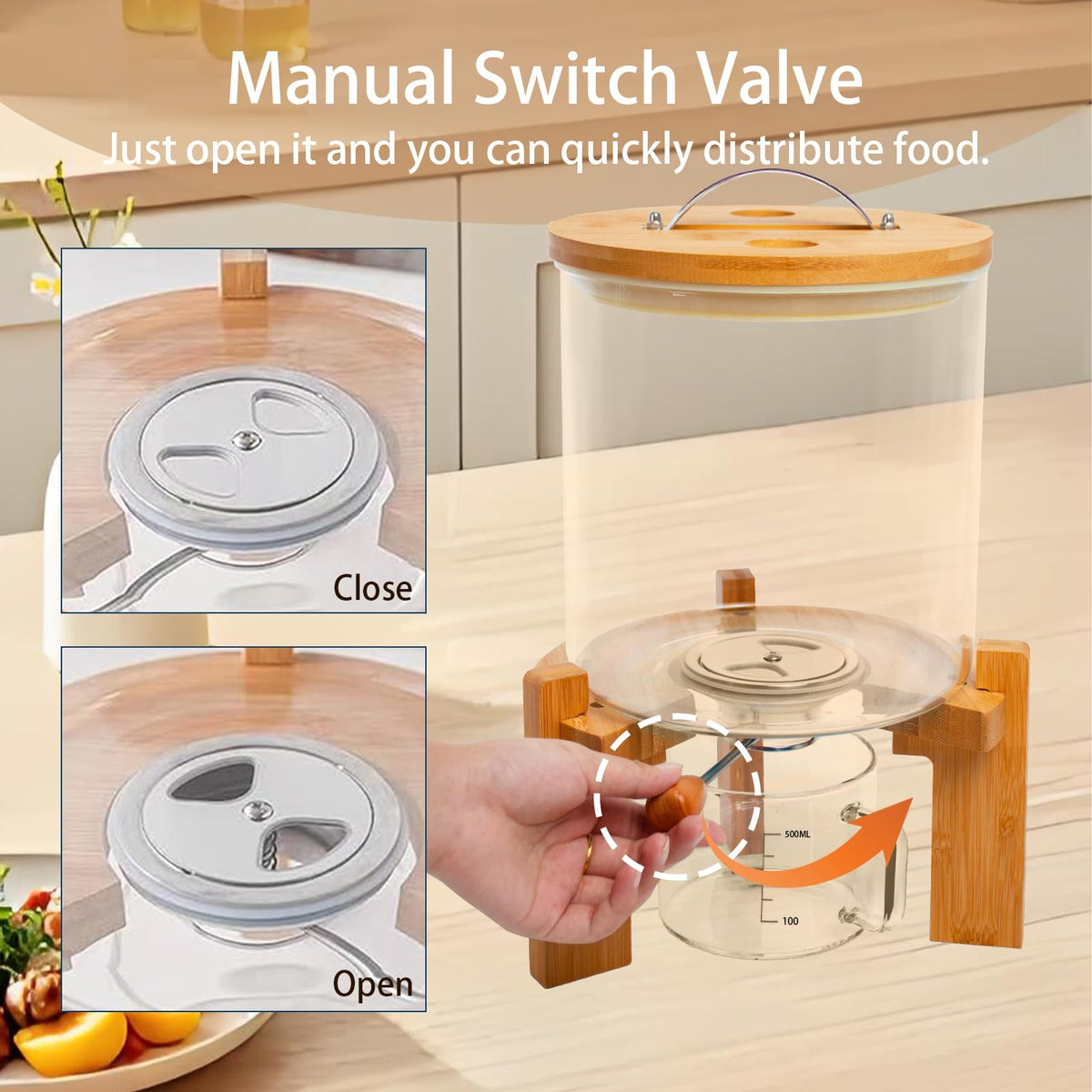 Aprilhp bottom valve enables clean, mess-free pouring of grains.