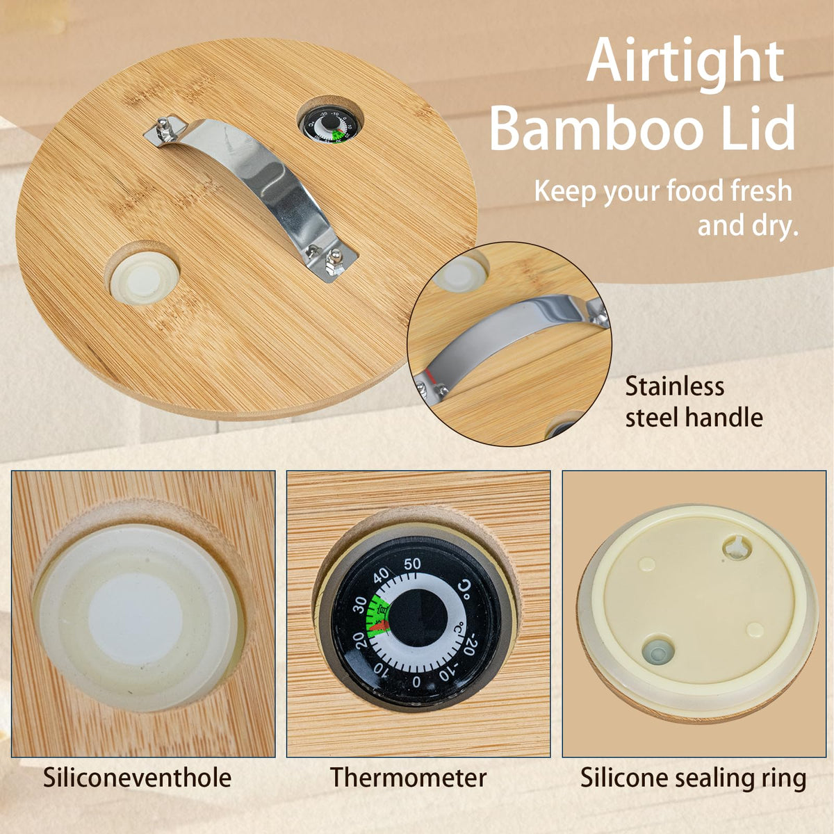Aprilhp lid with hygrometer helps monitor humidity during storage.