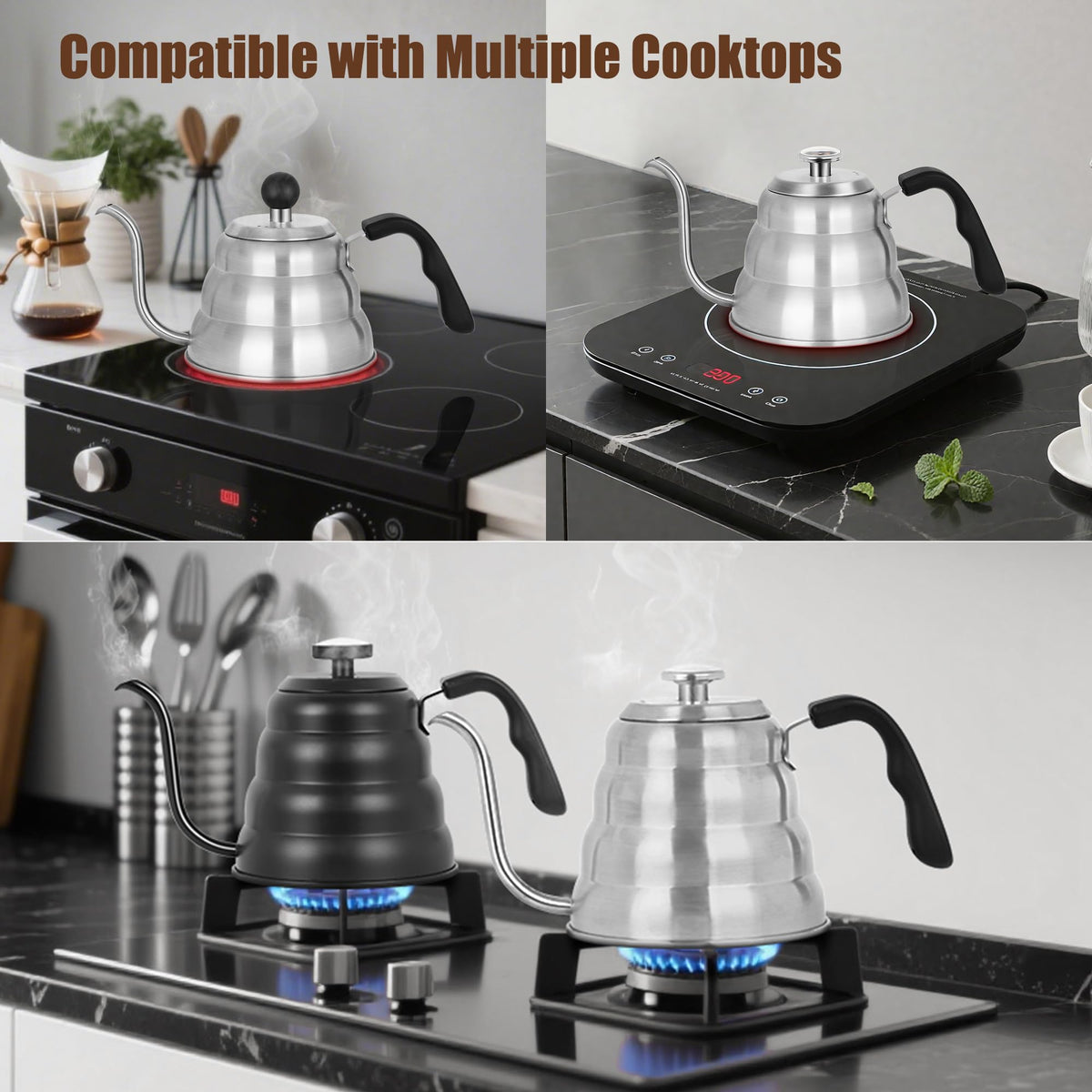 Apusu gooseneck kettle full view with cloud-line design on countertop.