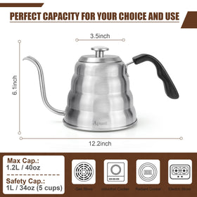 Apusu gooseneck kettle handle highlighting a heat-resistant grip.