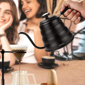 Apusu tea kettle built-in thermometer helps monitor temperature for precise brew.