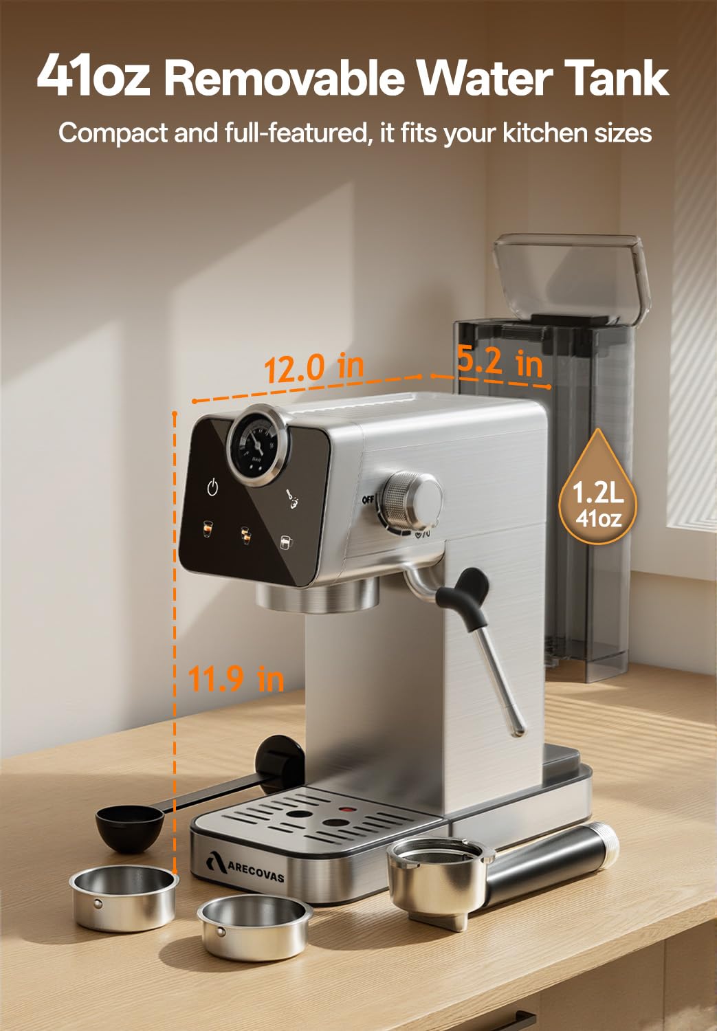 Arecovas portafilter and tamper included for authentic espresso