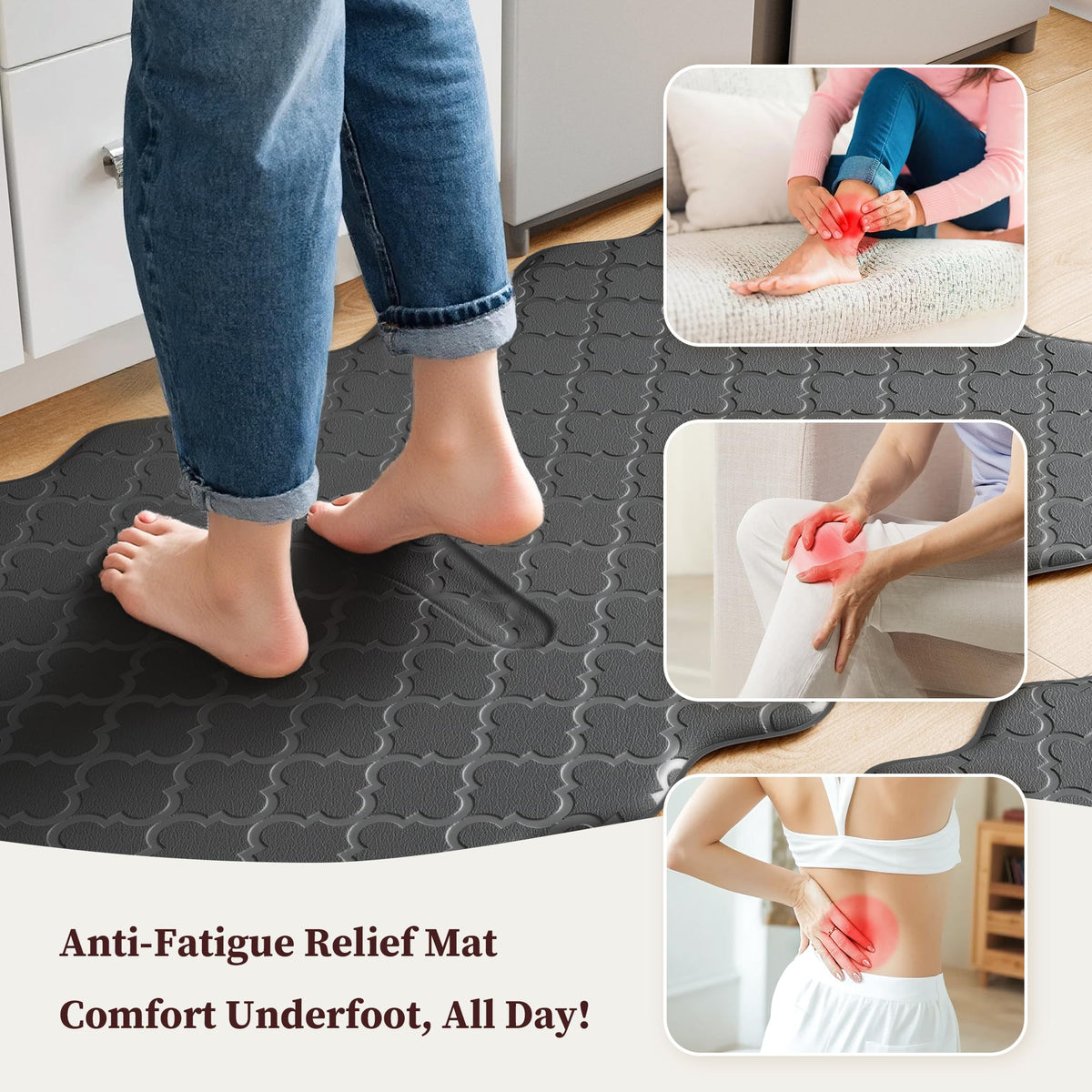 Arenarug anti-fatigue kitchen mat reduces foot fatigue with soft rebound.