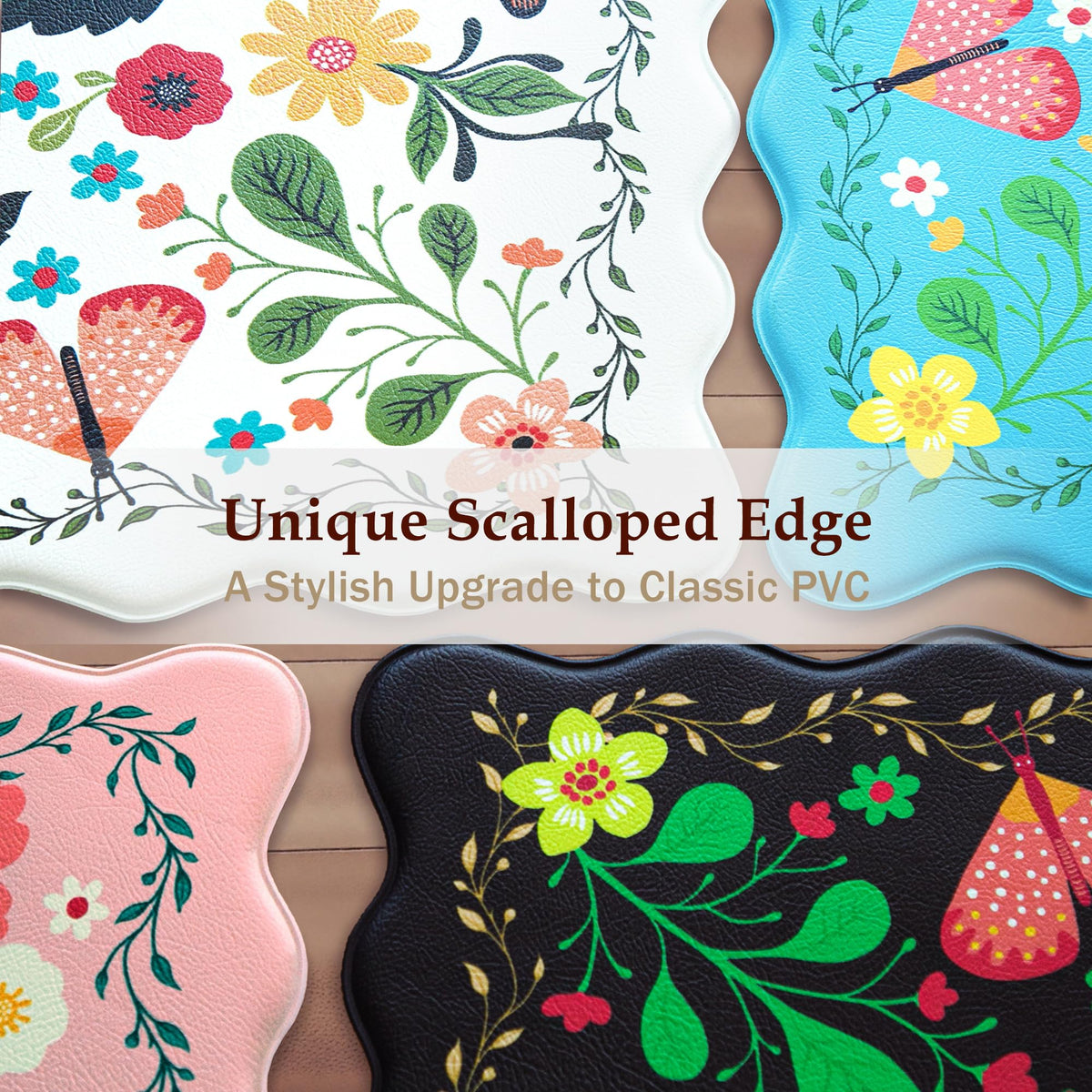 Arenarug scalloped kitchen mats showcase floral prints and soft cushioning for daily tasks.