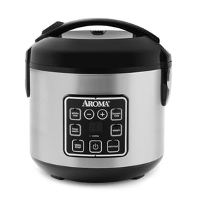 AROMA 8-Cup digital rice cooker front view for easy family meals.