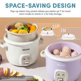 AROMA CoreCoat rice cooker with nesting storage for steamer basket and pot.