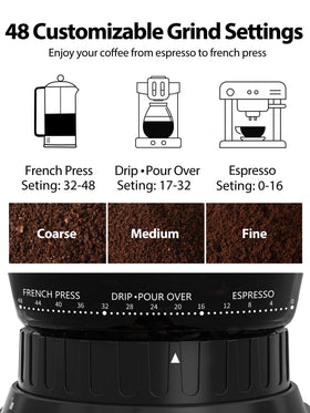 Aromaster conical burr grinder in stainless steel for even extraction