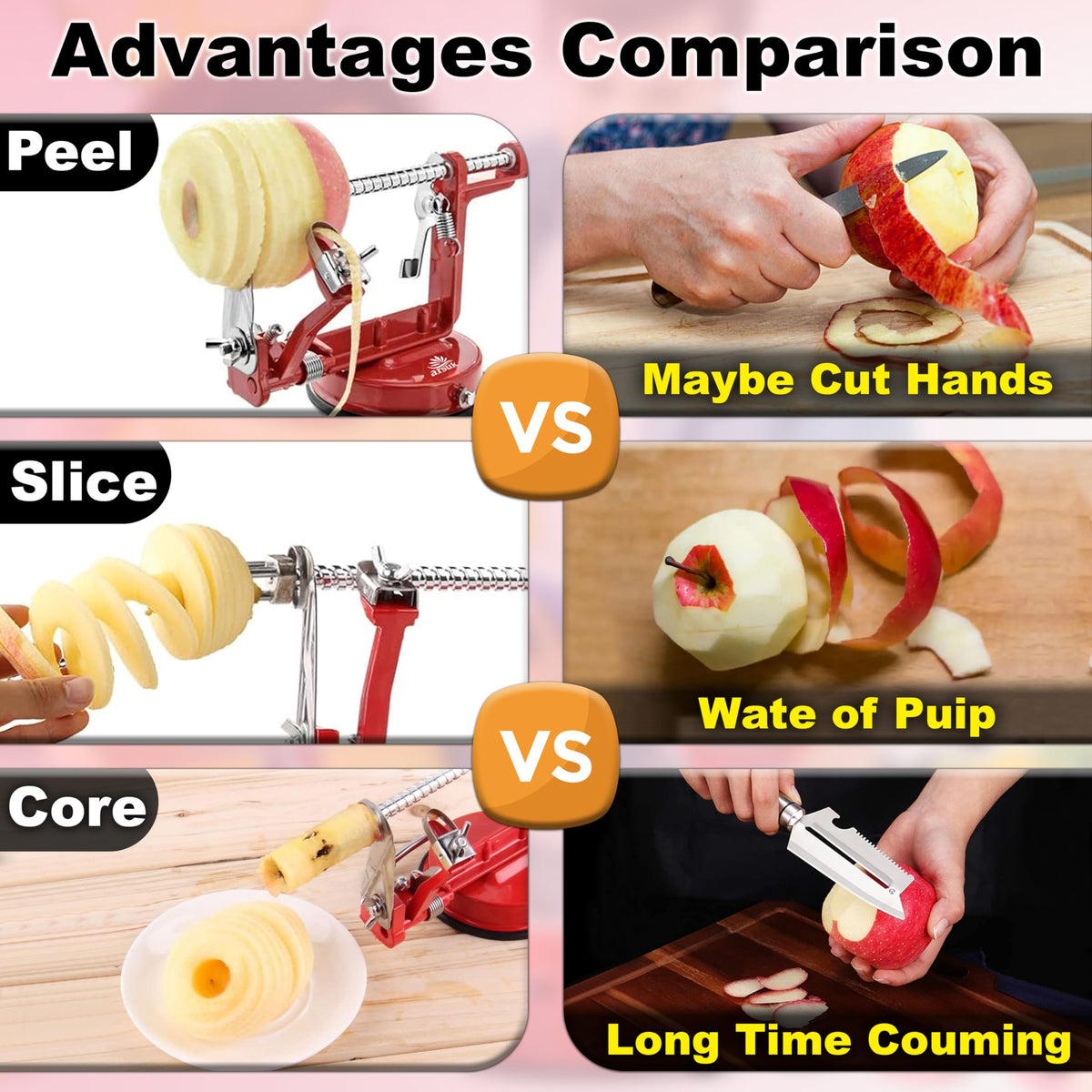 ARSUK adjustable blades show customizable peeling thickness for produce like apples and potatoes.