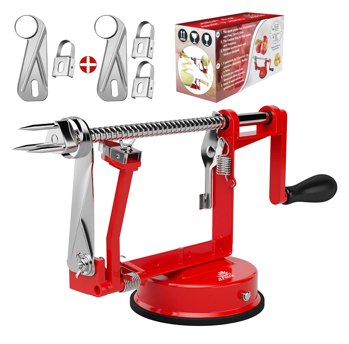 ARSUK Apple Peeler Slicer front view for stable, efficient prep.