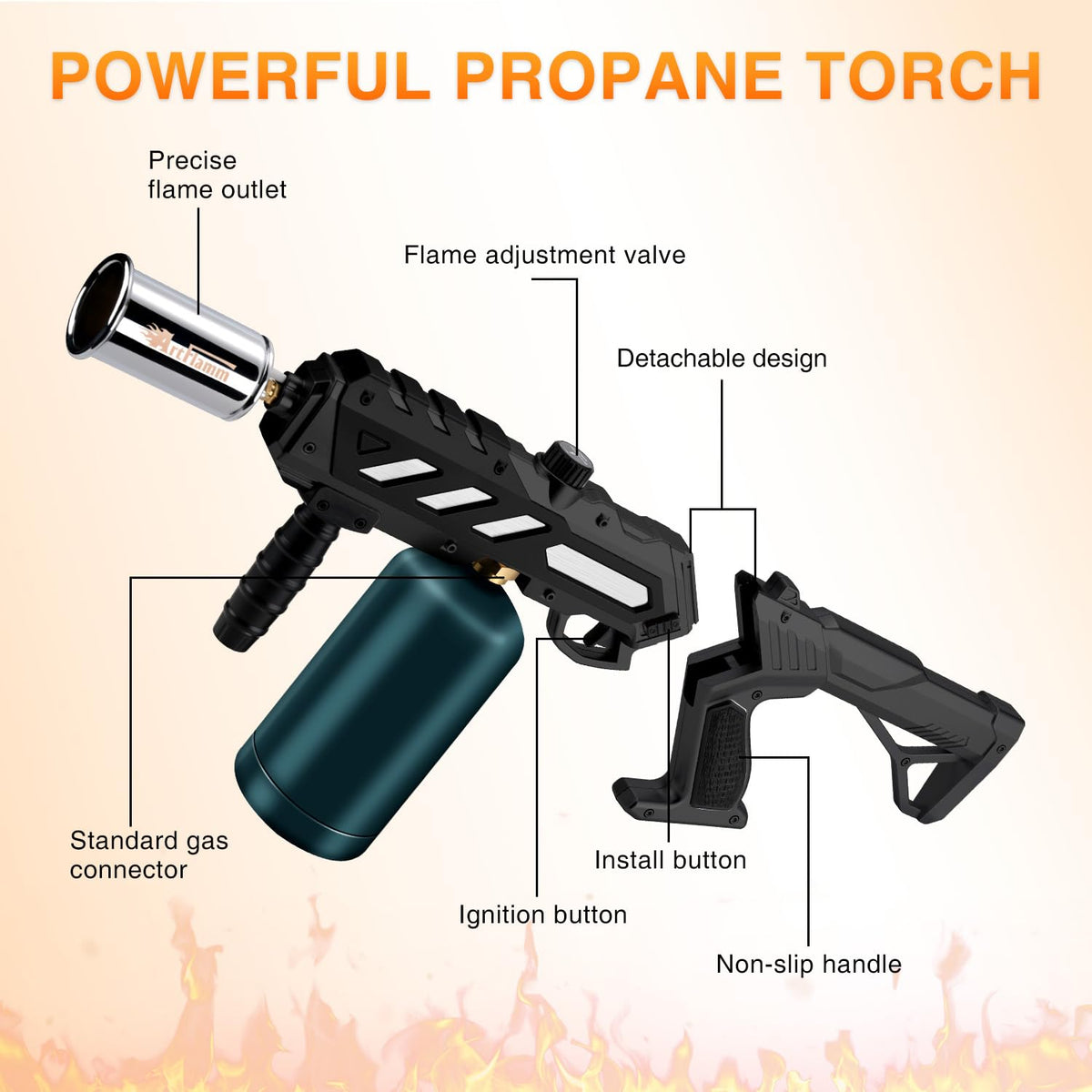 ARTFLAMM detachable-design torch shows modular handle for easy storage.