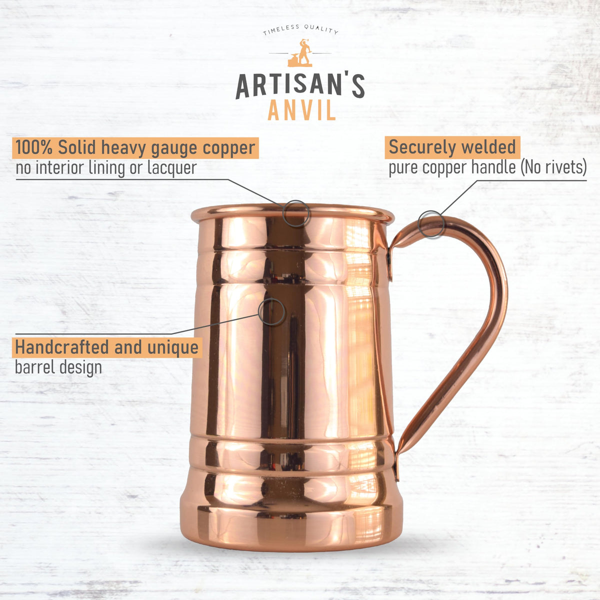 Artisan's Anvil copper beer mug side handle close-up shows secure welded connection.