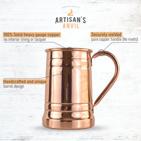 Artisan's Anvil copper beer mug side handle close-up shows secure welded connection.