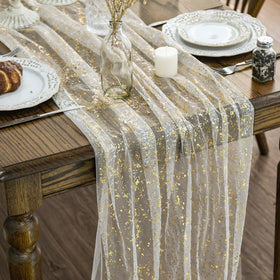 Artoid Mode beige gold gauze table runner elevates a 120-inch dining setup.