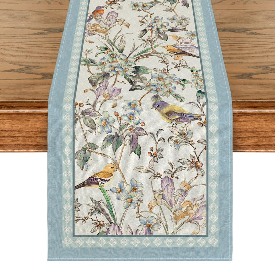 Artoid Mode Blue Birds Flowers Blossom table runner for spring dining ambiance