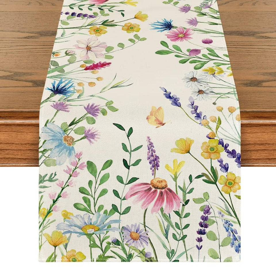 Artoid Mode daisy-eucalyptus-lavender table runner adds color and surface protection.