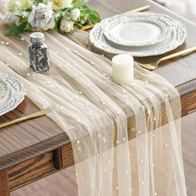 Artoid Mode pearl beige gauze table runner 120-inch enhances holiday dining decor.