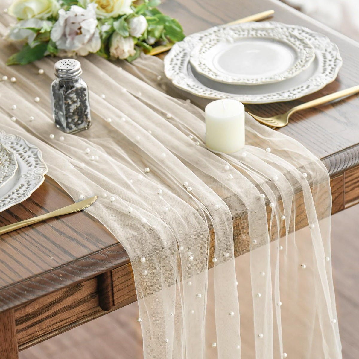 Artoid Mode pearl beige gauze table runner draping softly for festive dining