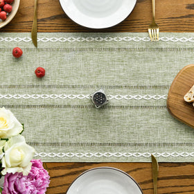 Close-up of Artoid Mode Sage Green runner embroidery detail for chic decor