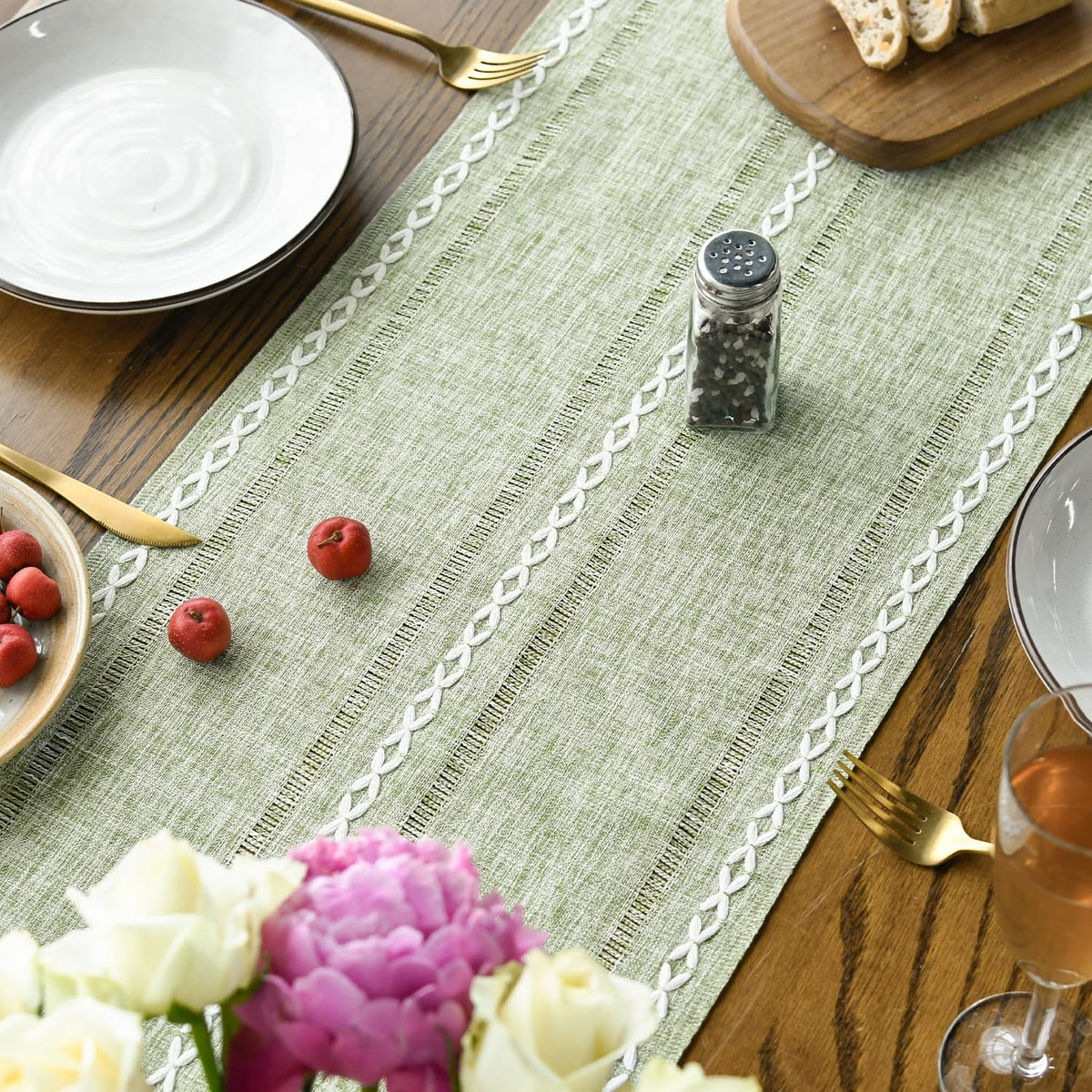 Artoid Mode sage green table runner close-up shows durable cotton-linen blend.