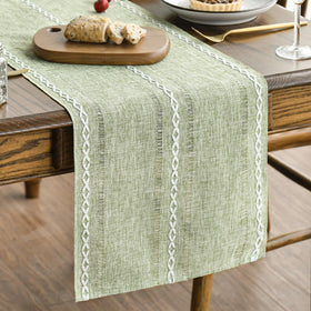 Artoid Mode sage green table runner front view enhances dining setup.