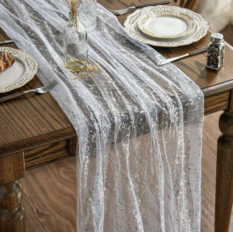 Artoid Mode white-silver gauze table runner adds sheer sparkle for weddings.