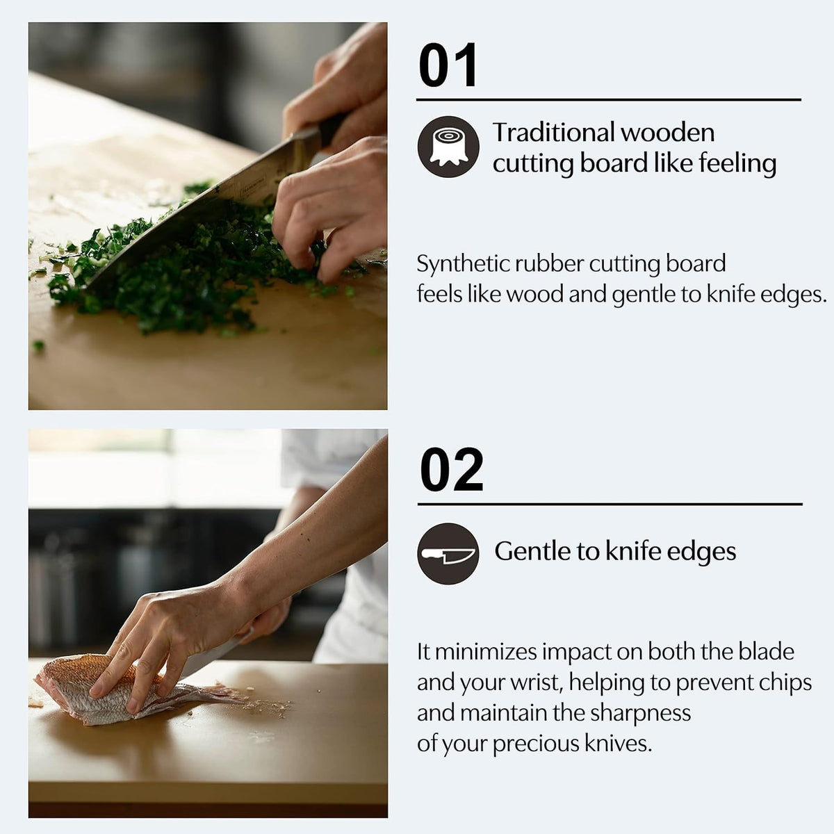 Asahi Cookin Cut rubber cutting board edge bevel enhances grip during prep.
