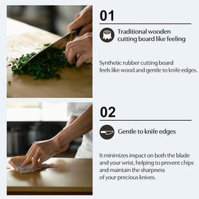 In-use image of Asahi Cookin Cut board with knife demonstrates blade-friendly rubber surface.