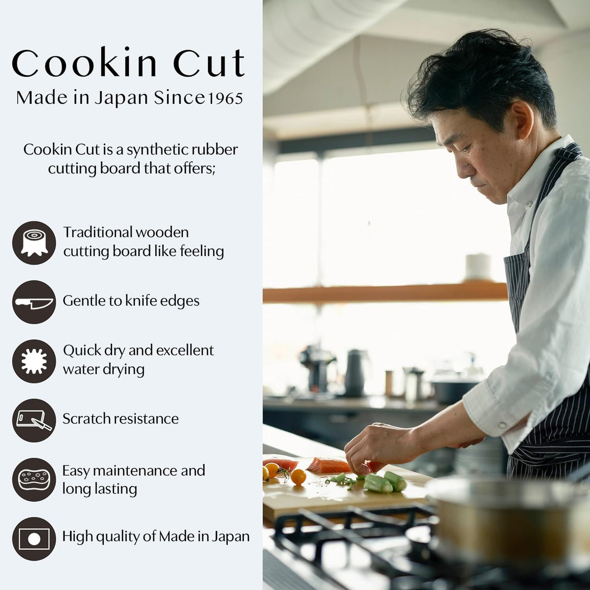 Asahi Cookin Cut rubber cutting board side profile shows slim thickness for storage.