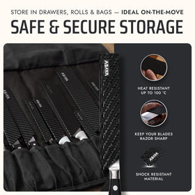 Asaya soft felt-lined knife sheath guards keep blades secure in storage.
