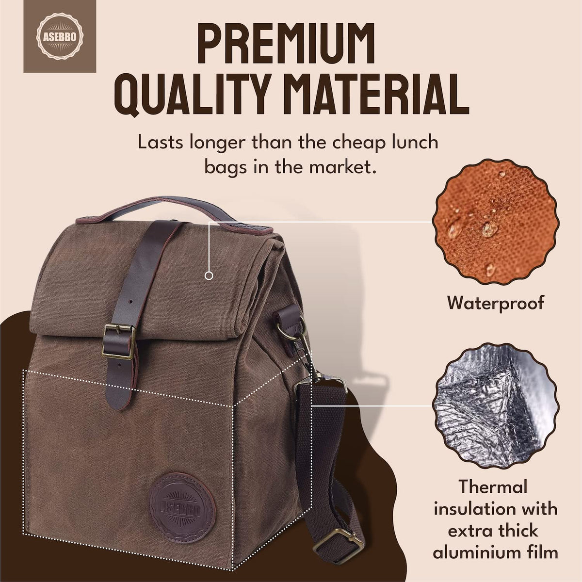 ASEBBO lunch bag waxed canvas closeup showing durable texture for outdoor picnics.