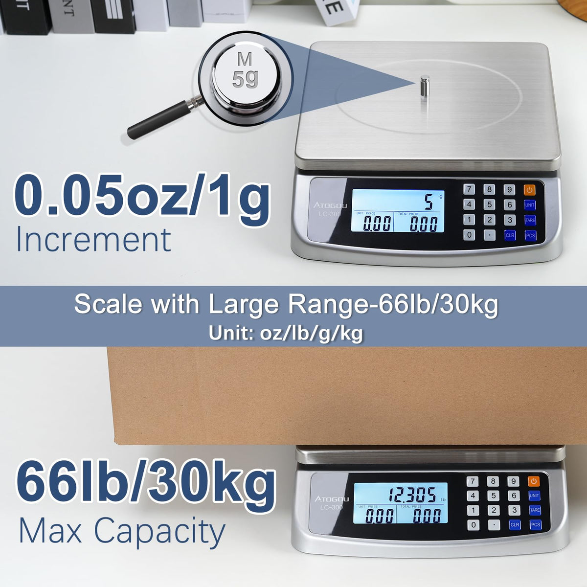 Atogou 66lb scale 304 stainless steel platform for safe food contact and easy cleaning.