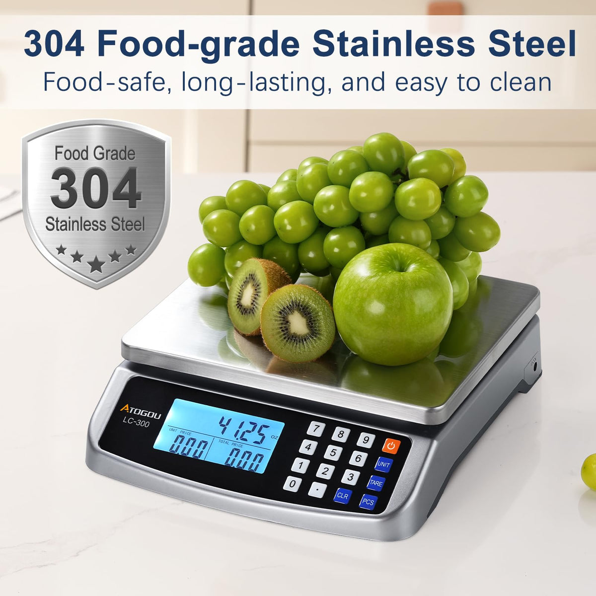 Atogou 66lb scale auto-tare and counting functions for efficiency.