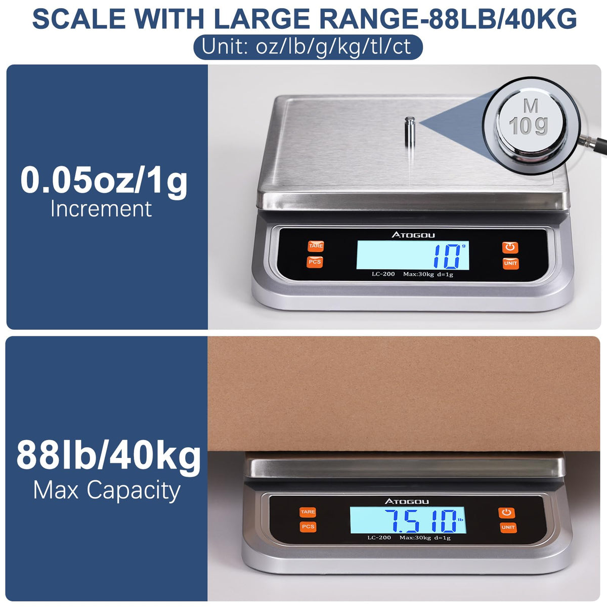 Atogou 88lb food scale stainless steel pan for easy cleaning and durable weighing