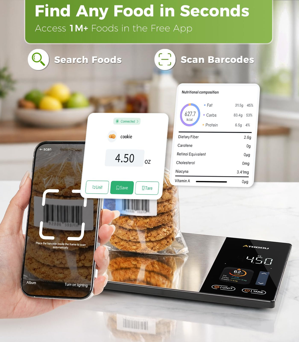 Atogou precision scale measures to 1 g for portion control