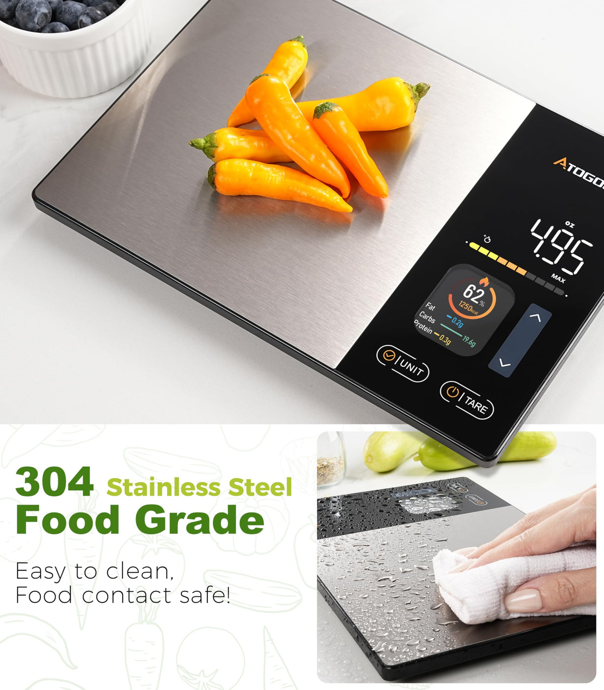 Atogou scale auto shut-off saves battery life