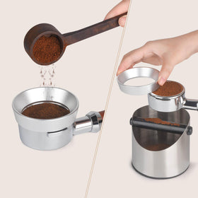 Attsky magnetic dosing funnel attached to portafilter during espresso prep