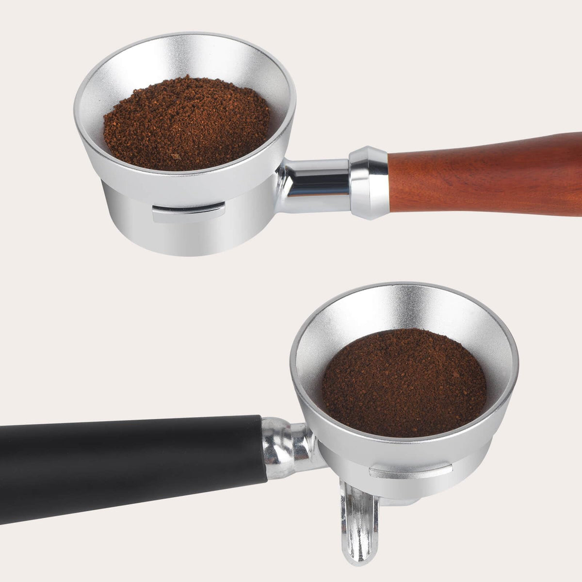 Attsky funnel demonstrated on a 58mm portafilter showing secure positioning