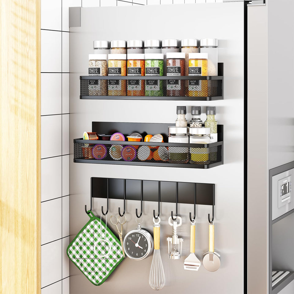 Aufworld magnetic spice rack on refrigerator with two large shelves for easy access
