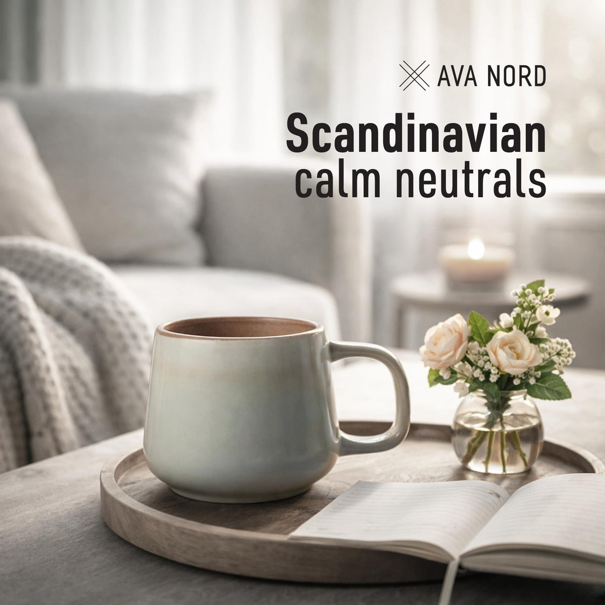 Ava Nord mug shown with tea, cocoa, and latte options